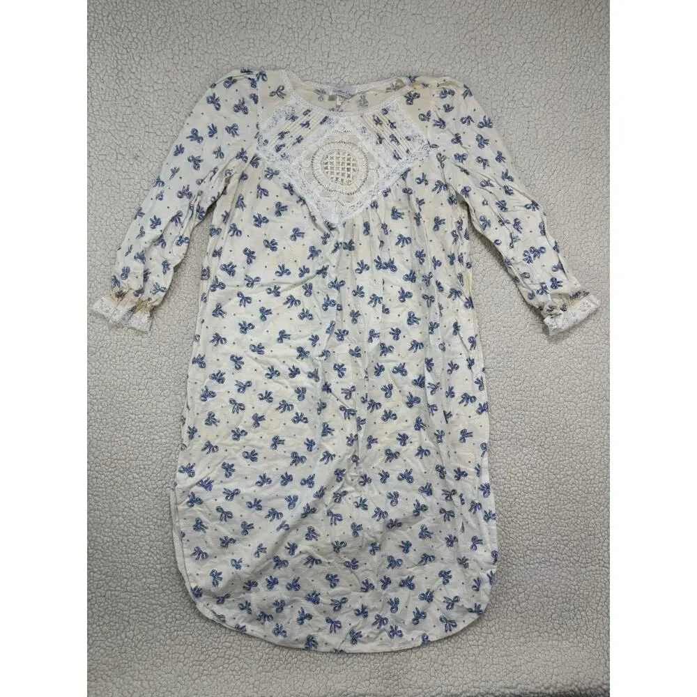 Vtg Willow Creek Flannel Nightgown‎ Sleep Dress Bows Lace Cottage Granny Modest